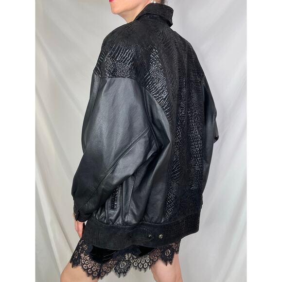 Vintage 80s 90s leather jacket coat black reptile patchwork bomber oversized M - Picture 3 of 17